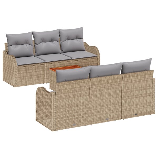 Ensemble de Canapé de Jardin 7 Pièces avec Coussins Beige Poly Rotin Acacia