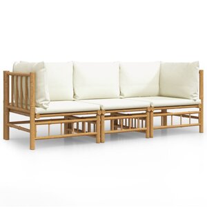 vidaXL Salon de jardin 3 Pièces avec coussins blanc crème bambou