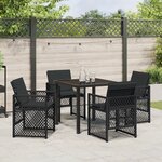 Ensemble de salle à manger de jardin de 5 pièces avec coussins noir en poly rattan
