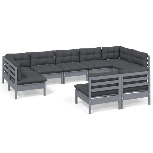 vidaXL Salon de jardin 9 Pièces avec coussins Gris Bois de pin massif