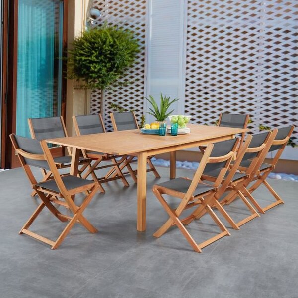 Ensemble repas de jardin  6 a 8 personnes - Table extensible 180-240 x 100 cm + 6 chaises assises textilene - Bois Eucalyptus FSC