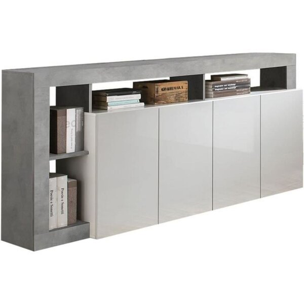 Buffet Maestro effet béton & laqué blanc brillant 4 portes - 184 x 42 x Hauteur 93 cm