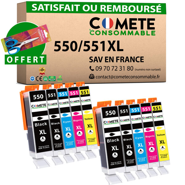 COMETE, Entreprise française - 550 551 XL - Pack de 10 Cartouches d'encre Compatibles avec Canon PGI-550 CLI-551 / 550XL 551XL - pour Cartouche Canon mg5650 mg5550 Cartouche mg6650… (10)