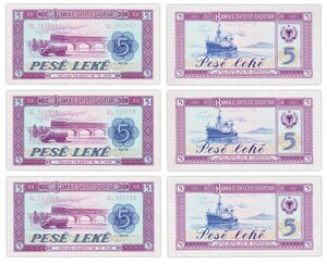 Billet de Collection LOT 3 X 5 leke 1976 Albanie - Neuf - P42 - 3 Numéros qui se suivent
