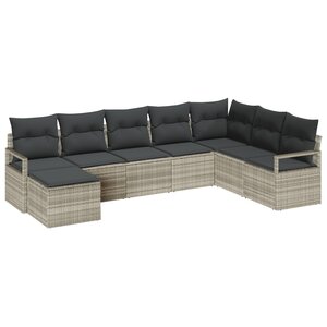 Ensemble de canapé de jardin 7 pièces avec coussins Gris clair Poly Rattan