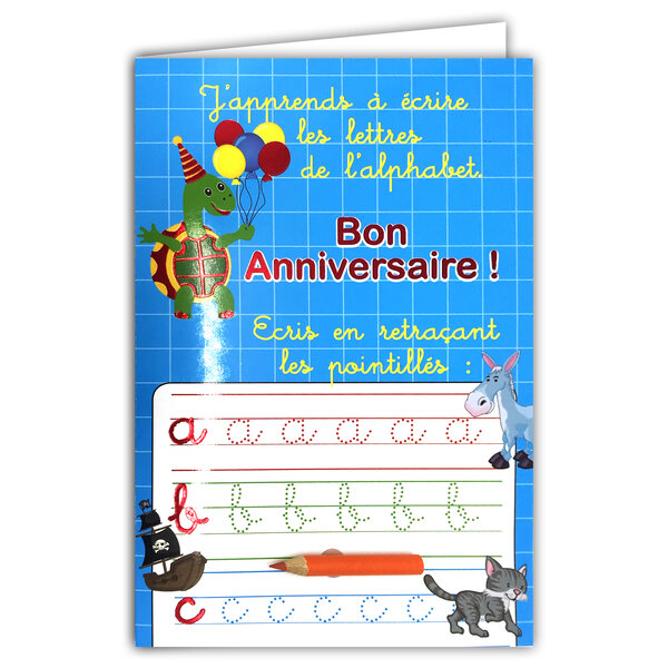 67-1101-A Carte Pédagogique Bon Anniversaire avec Crayon de couleur aléatoire et Enveloppe Jaune J'apprends à écrire les lettres de l'Alphabet en pointillés pour Enfants Maternelle CP dès 4 5 6 ans