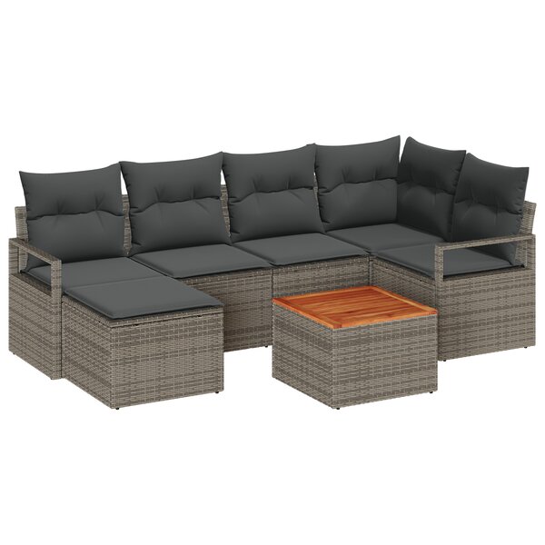 Ensemble de Canapés de Jardin 7 Pièces avec Coussins Gris Poly Rattan Acacia