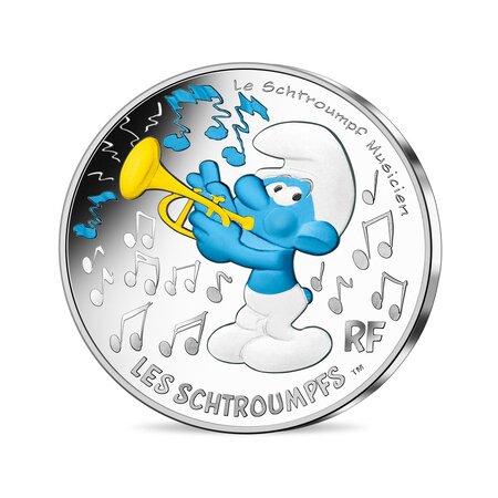 Monnaie de 10 euro argent colorisée schtroumpf musicien