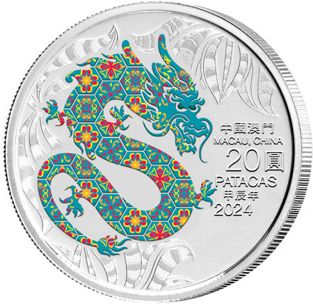 Pièce de monnaie en Argent 20 Patacas g 31.1 (1 oz) Millésime 2024 Macau New Lunar Year DRAGON