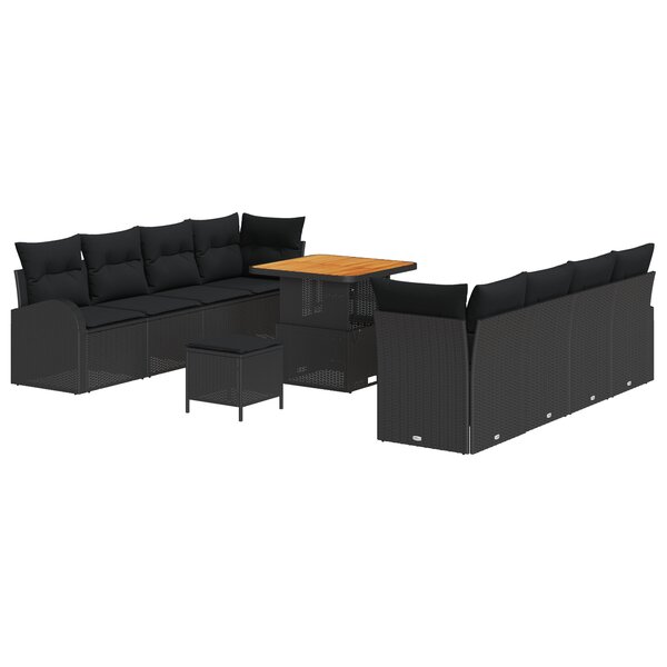 Ensemble de canapé de jardin 11 pièces avec coussins noir poly rotin acacia