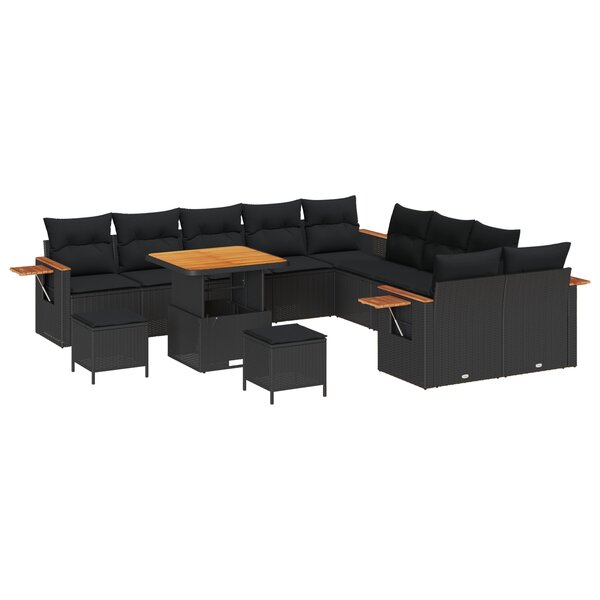 Ensemble de canapés de jardin 13 pièces avec coussins en poly rattan noir acacia