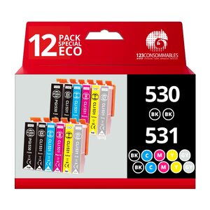 Pack compatible Canon PGI-530 CLI-531 12 cartouches