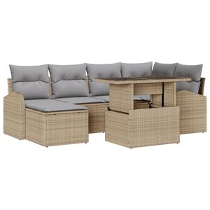 Set de Canapé de Jardin 7 Pièces avec Coussins Beige en Rattan Poly