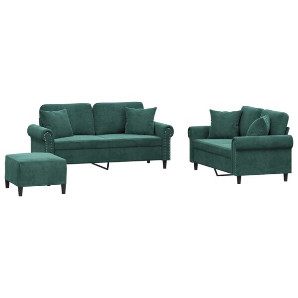 vidaXL Ensemble de canapés 3 Pièces avec coussins vert foncé velours