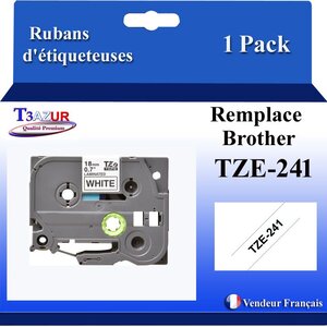 Ruban d'étiqueteuse compatible avec Brother Tze241 Tze-241 pour étiqueteuses P-touch - Texte noir sur fond blanc - Largeur 18 mm x 8 mètres - T3AZUR