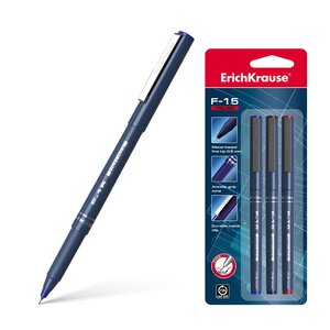 Erichkrause Lot de 3 stylos à bille F-15 - Ligne fine 06 mm - Encre de couleurs bleue  noire et rouge - Couleur du corps rond opaque - Longueur de ligne continue de 400 m - Couleur du capuchon assortie à l'encre