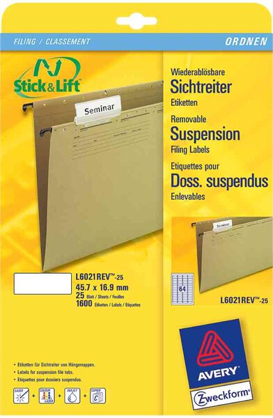Stick+lift étiquettes pour dossiers suspend avery zweckform