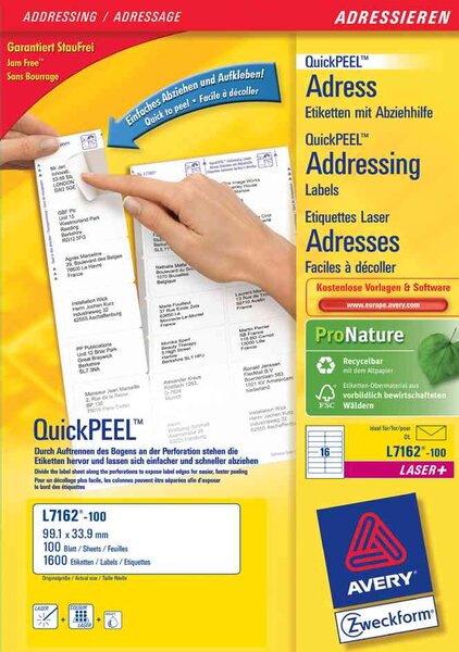 Avery étiquettes adresse quickpeel, 99,57,0 mm, blanc avery zweckform