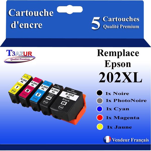 T3AZUR- 5 Cartouches Compatibles avec Epson 202 202XL (série kiwi)