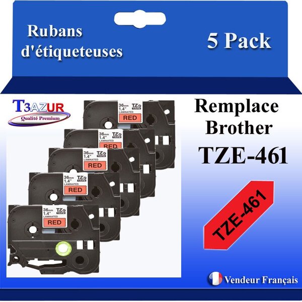 5x Rubans d'étiqueteuses compatibles avec Brother Tze461 Tze-461 pour étiqueteuses P-touch - Texte noir sur fond rouge- T3AZUR