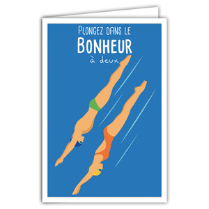 Carte Plongez dans le BONHEUR À DEUX avec Enveloppe - Affichette Mini Posters Format 17x11 5cm - Félicitations pour un Couple Homme Femme Plongeurs Eau Bleue Piscine Mer Rétro Vintage