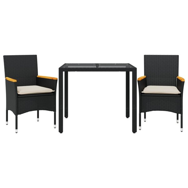 vidaXL Ensemble à manger de jardin et coussins 3 Pièces noir rotin verre