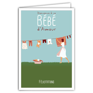 Carte Félicitations Naissance Fille Bienvenue à ce Bébé d'Amour avec Enveloppe pour Parents  Format 17x11 5cm Corde Linge Ours en Peluche Rétro Vintage SFHE Rose Bleue Verte
