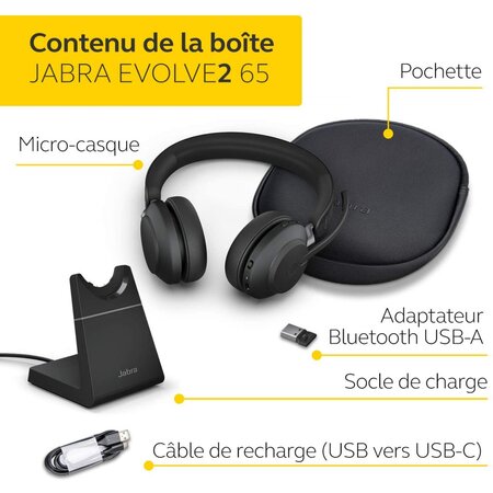 Jabra evolve2 65 casque pc sans fil avec station de charge - casque mono  ecouteur certifié microsoft teams avec batterie longue - La Poste