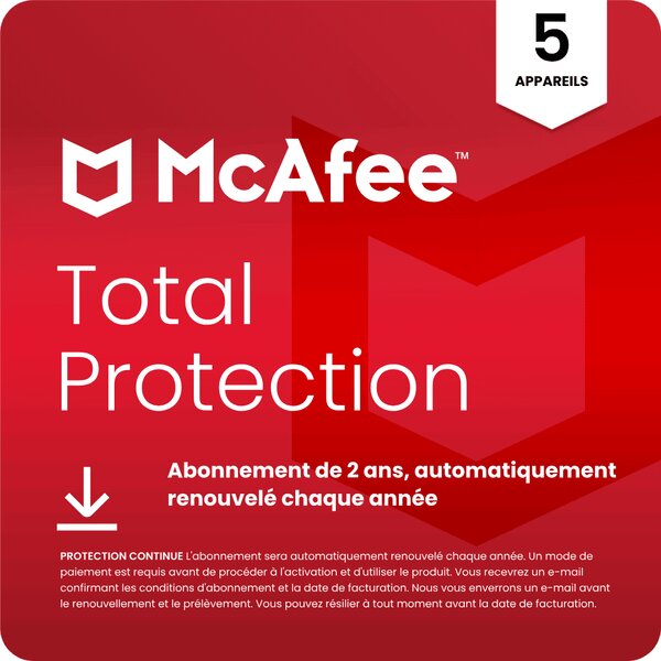 McAfee Total Protection - 5 appareils - Abonnement 2 ans - Renouvelé automatiquement