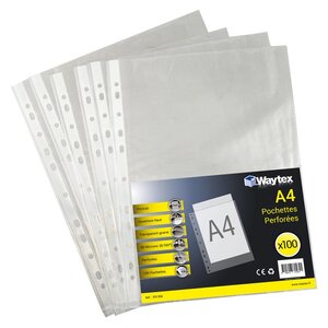 Chemise Pochette perforée A4 transparent grainé 90 mic sachet de 100 WAYTEX