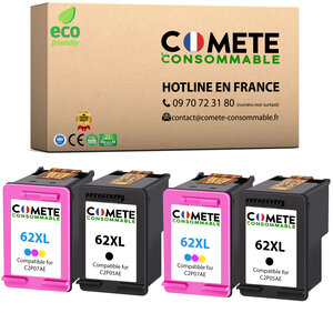 62XL - 4 Cartouches d'encre Compatibles avec HP 62 XL (C2P05AE + C2P07AE) - COMETE