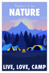 Carte Retour à la Nature Live Love Camp avec Enveloppe pour Campeurs Vacanciers Aventuriers Retraités Scouts - Affichette Mini Posters Format 17x11 5cm - Montagne Sapins Rétro Vintage