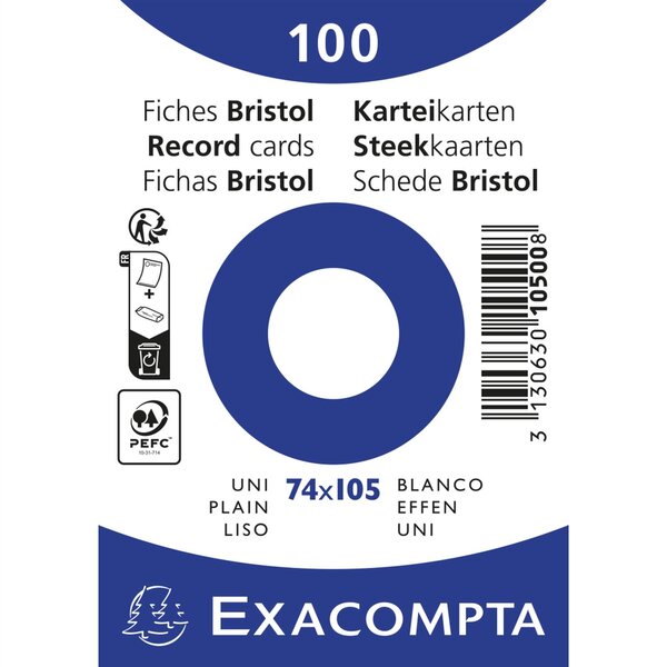Paquet 100 fiches sous film - bristol uni non perforé 74x105mm - Blanc x 40 EXACOMPTA