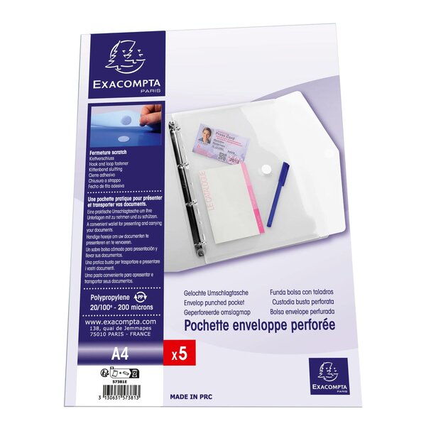 Sachet De 5 Pochettes-enveloppes Perforées Polypropylène - A4 - Incolore - Exacompta