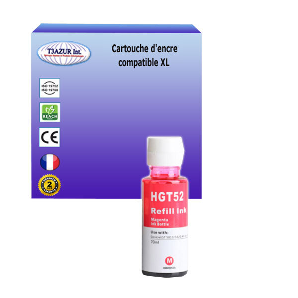 Bouteille d'encre compatible avec HP Ink Tank 411, 415, 416, 417, 418, 419 remplace HP GT52- Magenta - 70ml - T3AZUR