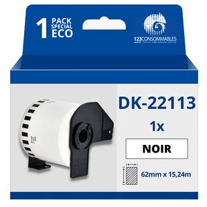 Étiquettes compatibles Brother DK22113 - Largeur 62 mm x 15 24 mètres - Texte noir sur fond transparent