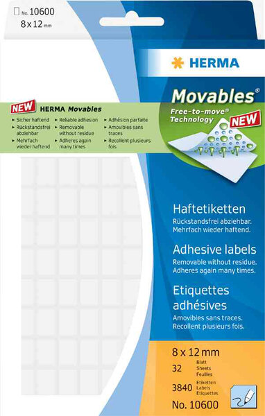Étiquettes 'movables' 12 x 18 mm, manuelle, blanc, sur 32 feuilles herma