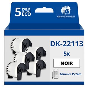 Pack de 5 Rouleaux Étiquettes compatible BROTHER DK-22113 - Largeur 62 mm x 15 24 m