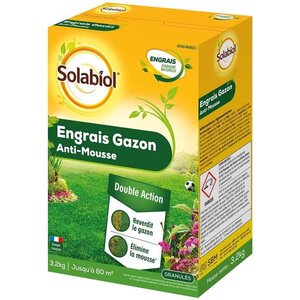 SOLABIOL - Engrais Gazon Anti-Mousse Double Action 80m2 - Etui 3,2 kg