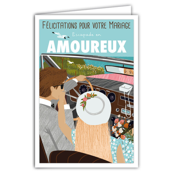 Carte Félicitations Mariage - Enveloppe Incluse - Couple Homme Femme - Mini Posters - Amoureux Escapade Voyage de noces Voiture des Mariés Rétro Vintage - Fabriquée en France