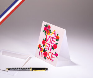 Carte double bouton d'or créée et imprimée en france - la vie en rose