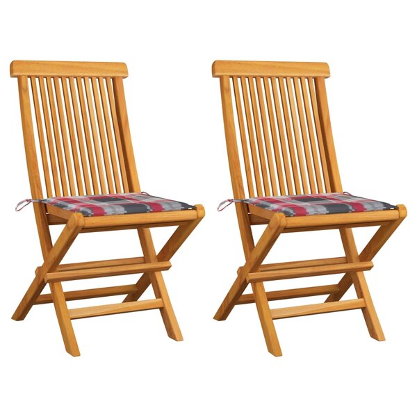 vidaXL Chaises de jardin 2 Pièces avec coussins à carreaux rouge Teck