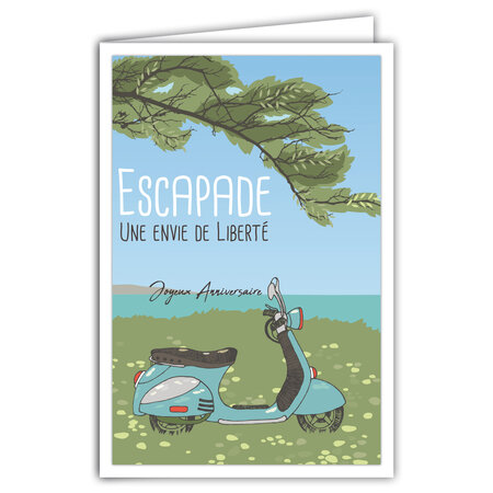 Carte Joyeux Anniversaire avec Enveloppe - Affichette Mini Posters Format 17x11 5cm - Scooter 2 roues Italiens Escapade Liberté Voyage Rétro Vintage - Fabriquée en France