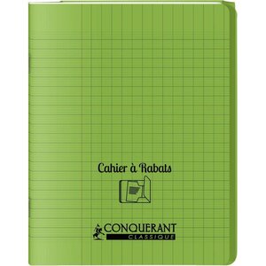 Cahier 96 pages seyès 90 g avec couverture polypropylène vert 3 rabats  format 17 x 22 cm CONQUERANT