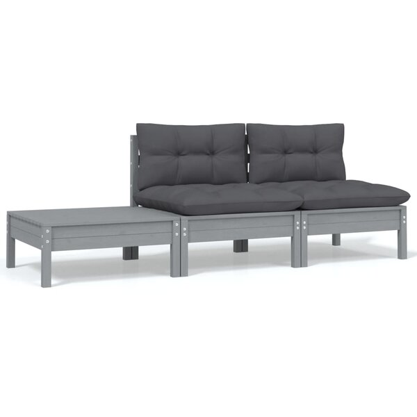 vidaXL Salon de jardin 3 Pièces avec coussins Gris Bois de pin massif