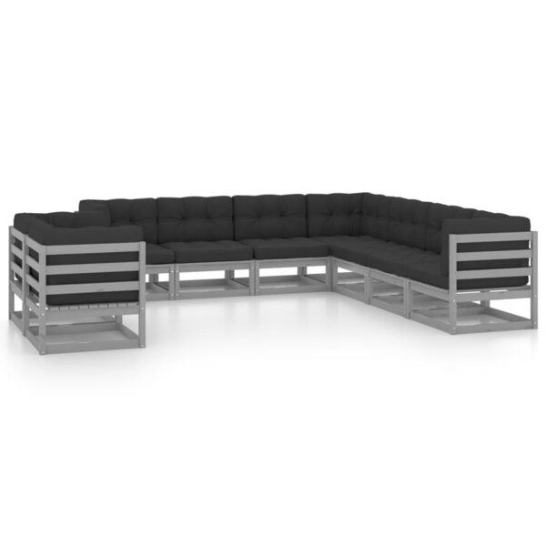 vidaXL Salon de jardin 9 Pièces avec coussins Gris Bois de pin massif