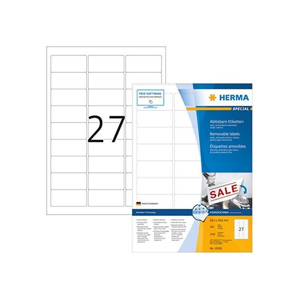Bte de 2700 étiquettes universelles amovibles 63,5 x 29,6 mm blanc herma