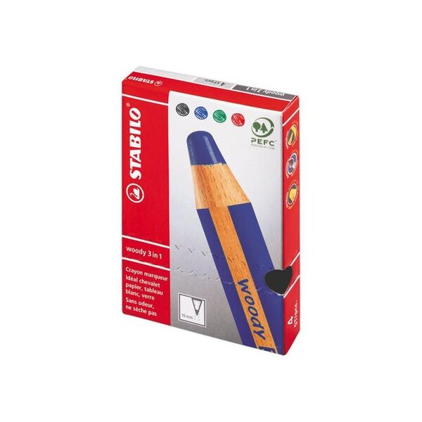 Etui de 4 Crayons Multitalents Woody 3in1 Noir Bleu Rouge et Vert STABILO