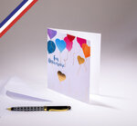Carte double aurore créée et imprimée en france sur papier certifié pefc - bon anniversaire - ballons et cœurs