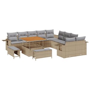 Ensemble de Canapé de Jardin 13 Pièces avec Coussins Beige Rattan Poly Acacia
